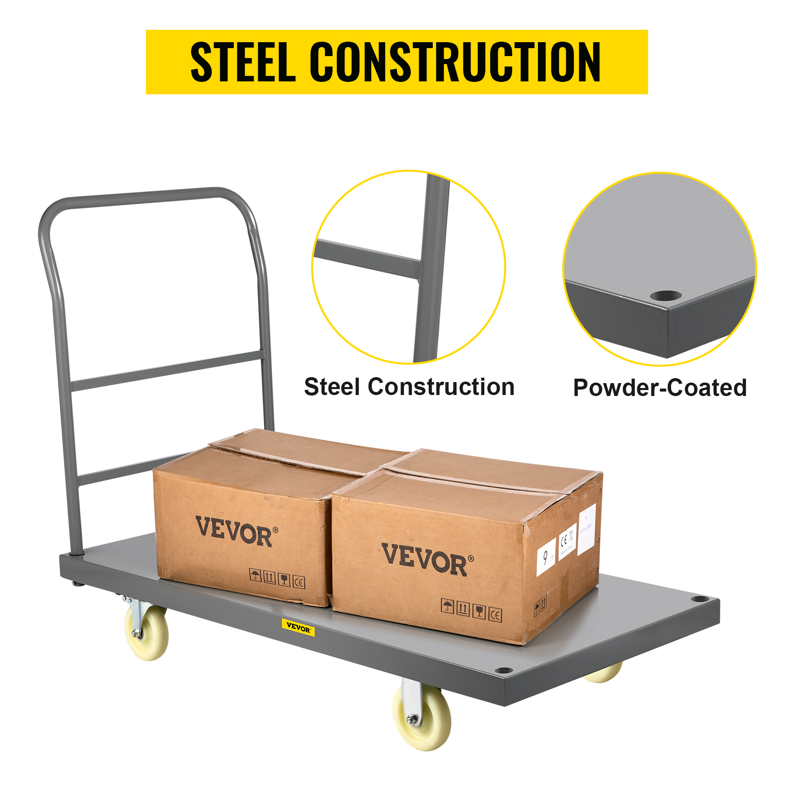 VEVOR platform truck with steel construction, powder-coated finish, and loaded with two cardboard boxes.