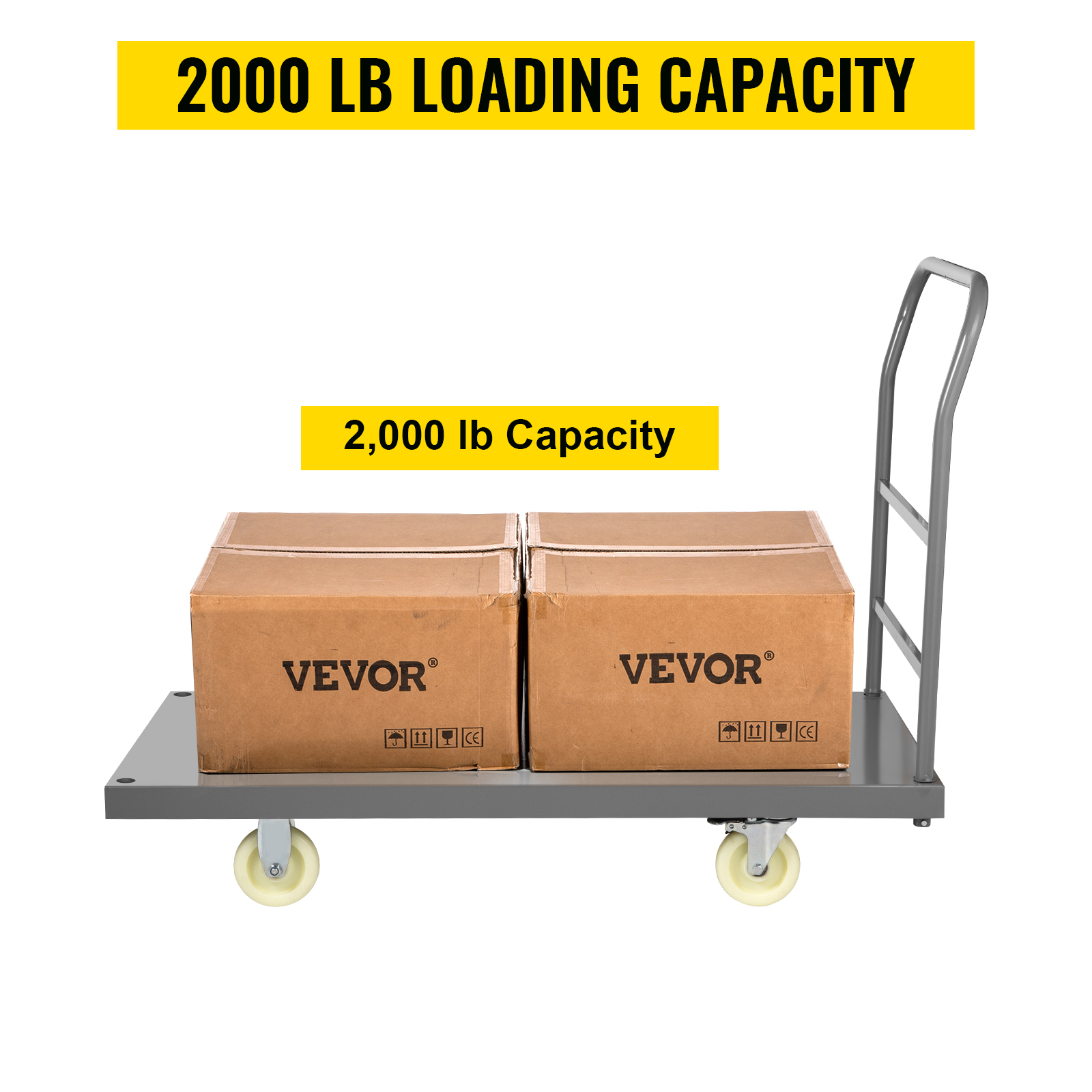 VEVOR platform truck with 2,000 lb capacity, loaded with two cardboard boxes.