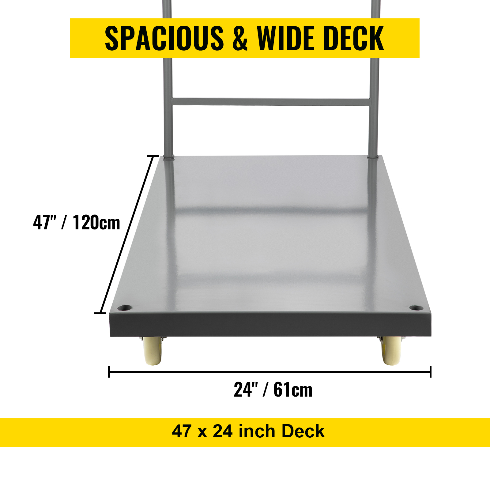 VEVOR platform truck with a spacious 47 x 24 inch deck, highlighted by yellow text banner.