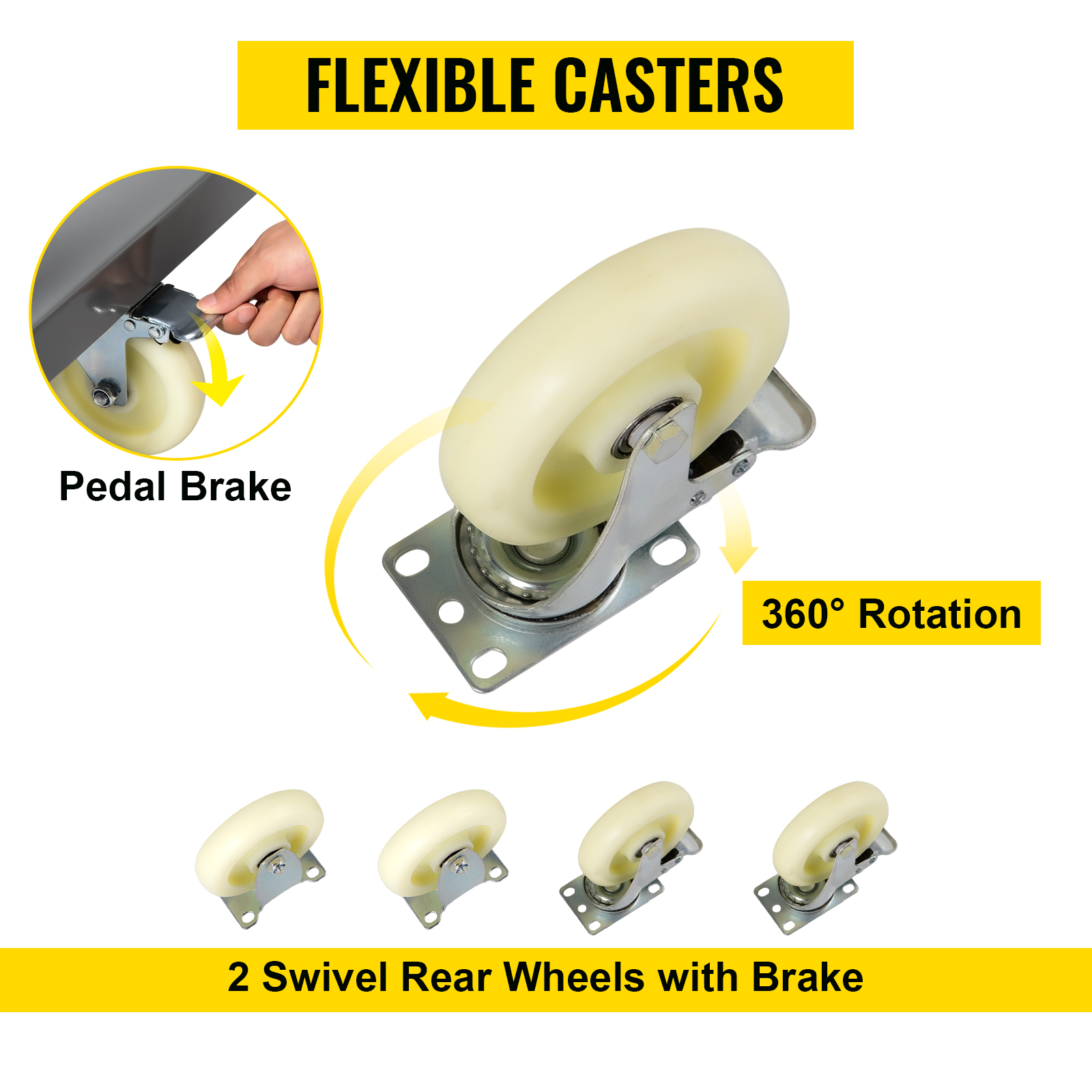 VEVOR platform truck with swivel rear wheels, pedal brake, and 360-degree rotation for flexible movement.
