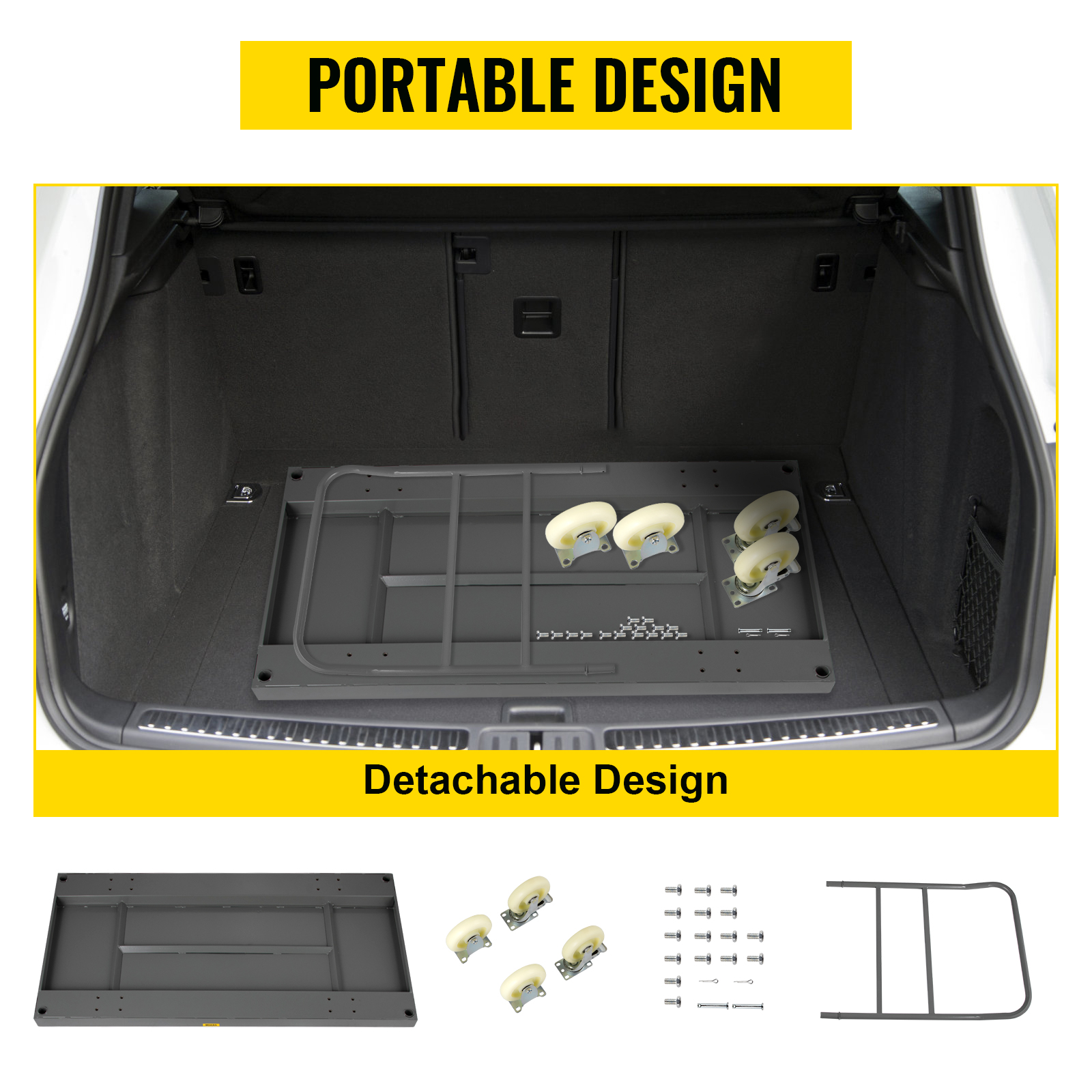VEVOR platform truck showcasing portable and detachable design components in a car's trunk.