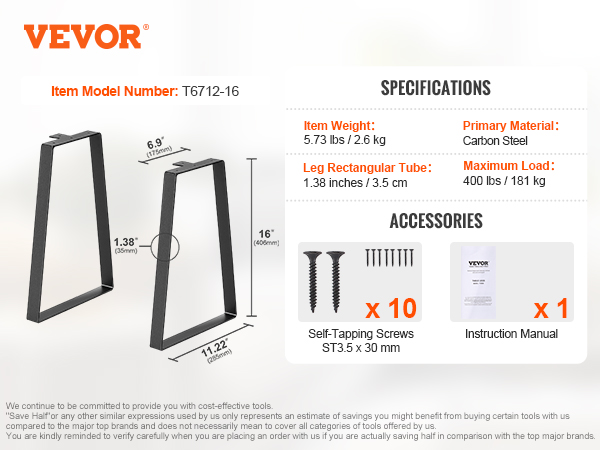 VEVOR table legs, 16 inches tall, carbon steel, with accessories: screws and instruction manual.