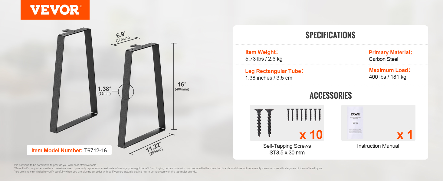 VEVOR table legs, 16 inches tall, carbon steel, with accessories: screws and instruction manual.