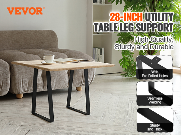 VEVOR table legs supporting a wooden table in a modern living room with a brown sofa and plants.