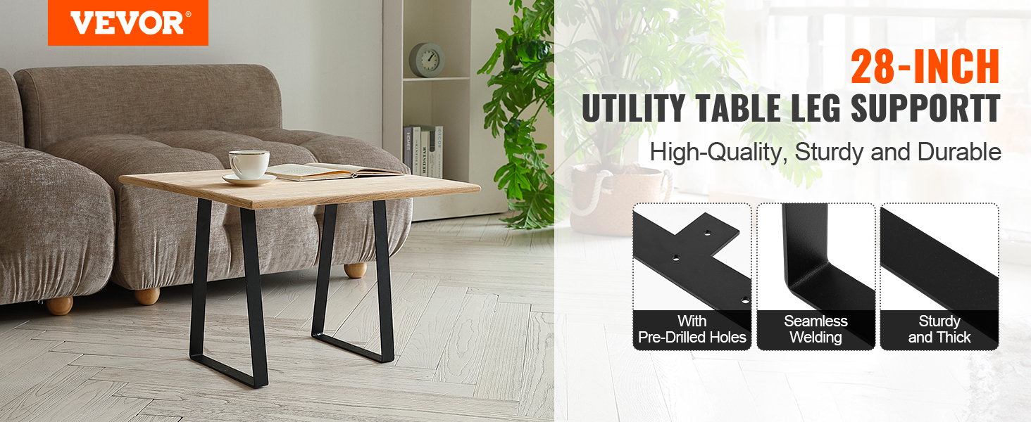 VEVOR table legs supporting a wooden table in a modern living room with a brown sofa and plants.