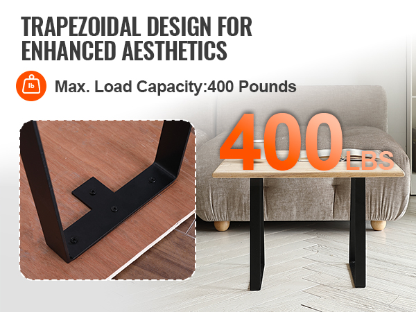 trapezoidal VEVOR table legs in black, supporting a wooden table, max load capacity 400 lbs.