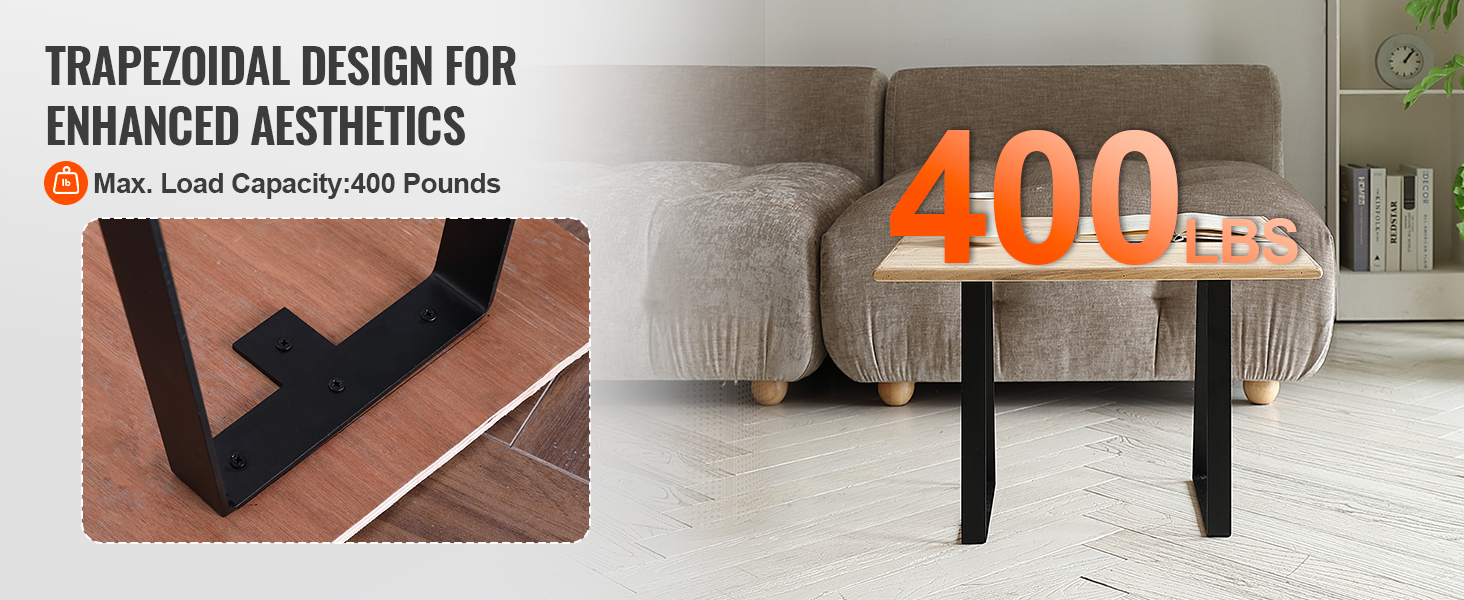 trapezoidal VEVOR table legs in black, supporting a wooden table, max load capacity 400 lbs.