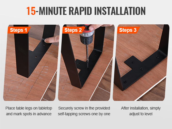 15-minute rapid installation guide showing steps to attach VEVOR table legs to a wooden tabletop.