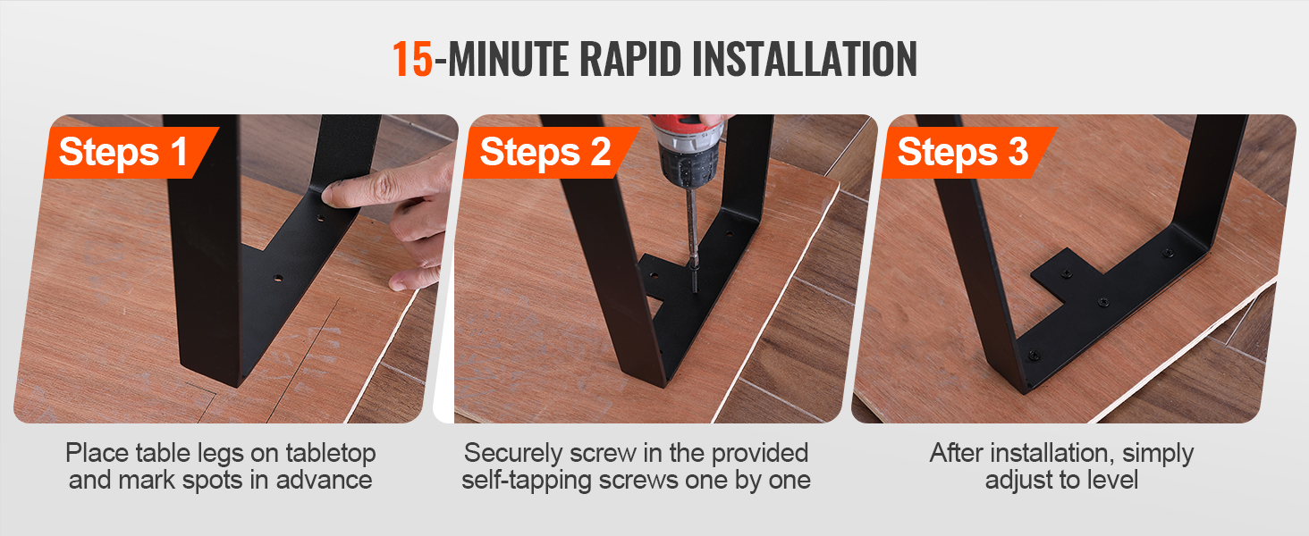 15-minute rapid installation guide showing steps to attach VEVOR table legs to a wooden tabletop.