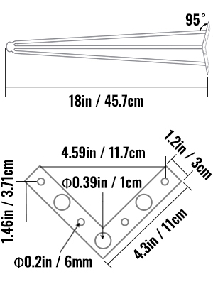 VEVOR hairpin table legs measurements: 18 inches tall, 95° angle, multiple hole sizes.