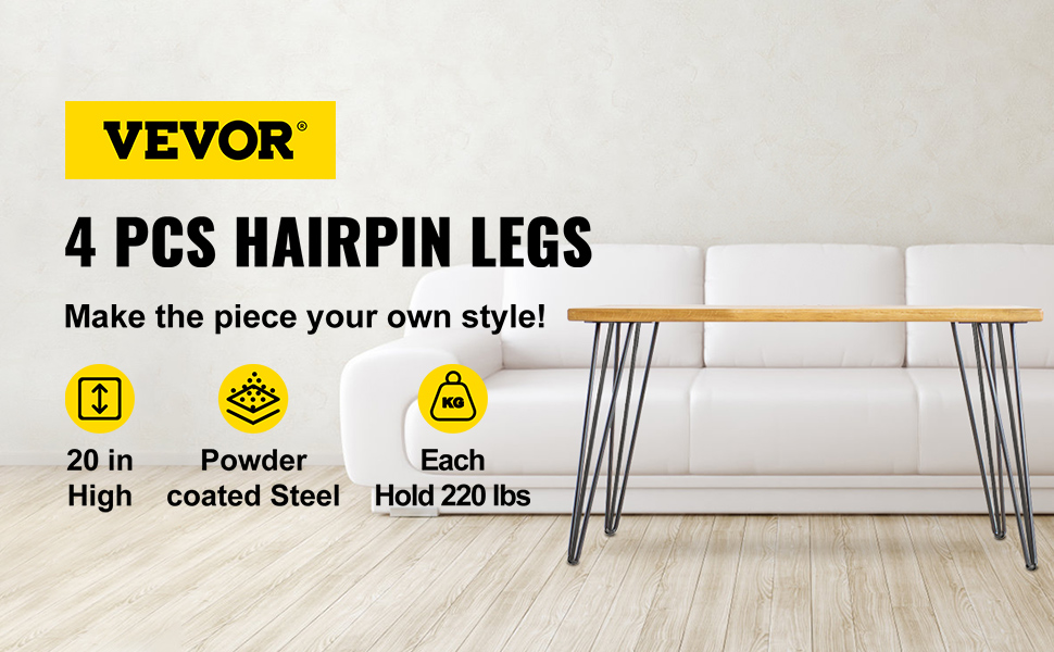 VEVOR hairpin table legs, 20in high, powder-coated steel, each holds 220 lbs.