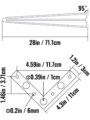 dimensions of VEVOR hairpin table legs, 28in height with detailed triangular base measurements.