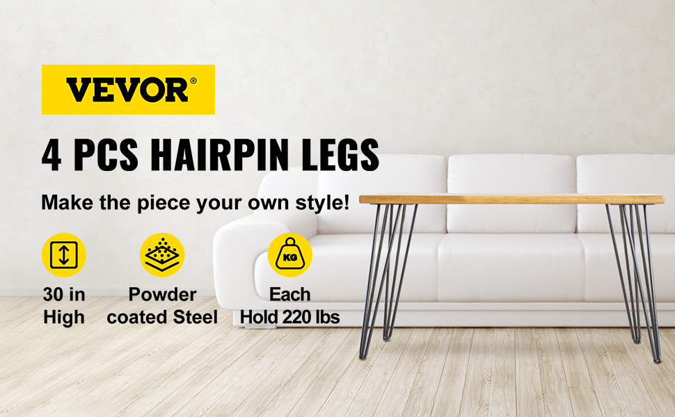 VEVOR hairpin table legs, 30in high, powder-coated steel, holds 220 lbs.