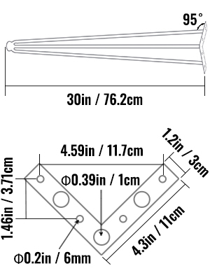 VEVOR hairpin table legs dimensions: 30in height, 95° bend, and mounting plate measurements.
