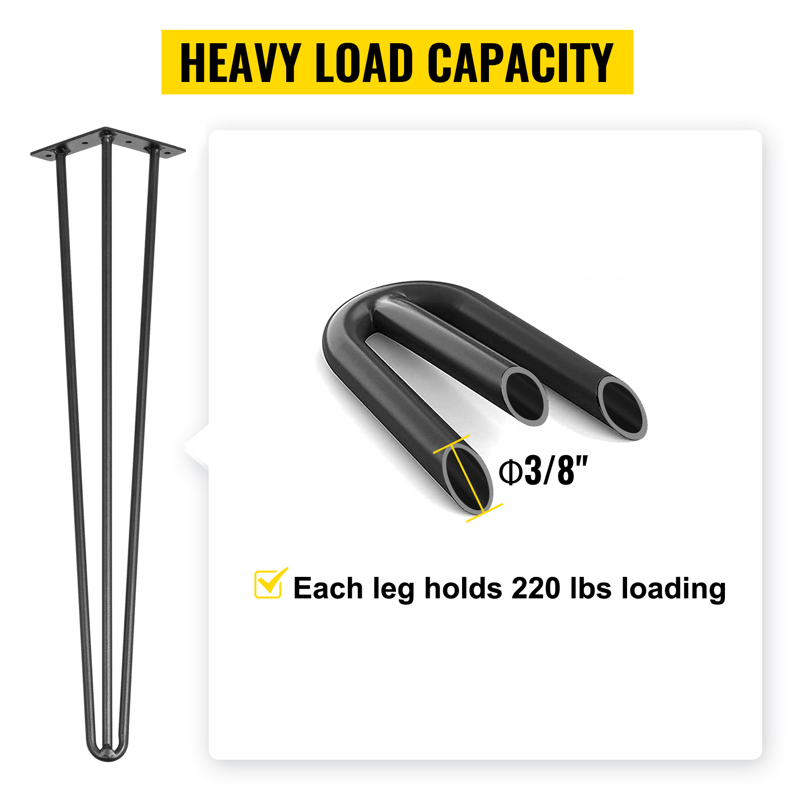 VEVOR hairpin table legs with 3/8" diameter and 220 lbs load capacity per leg.