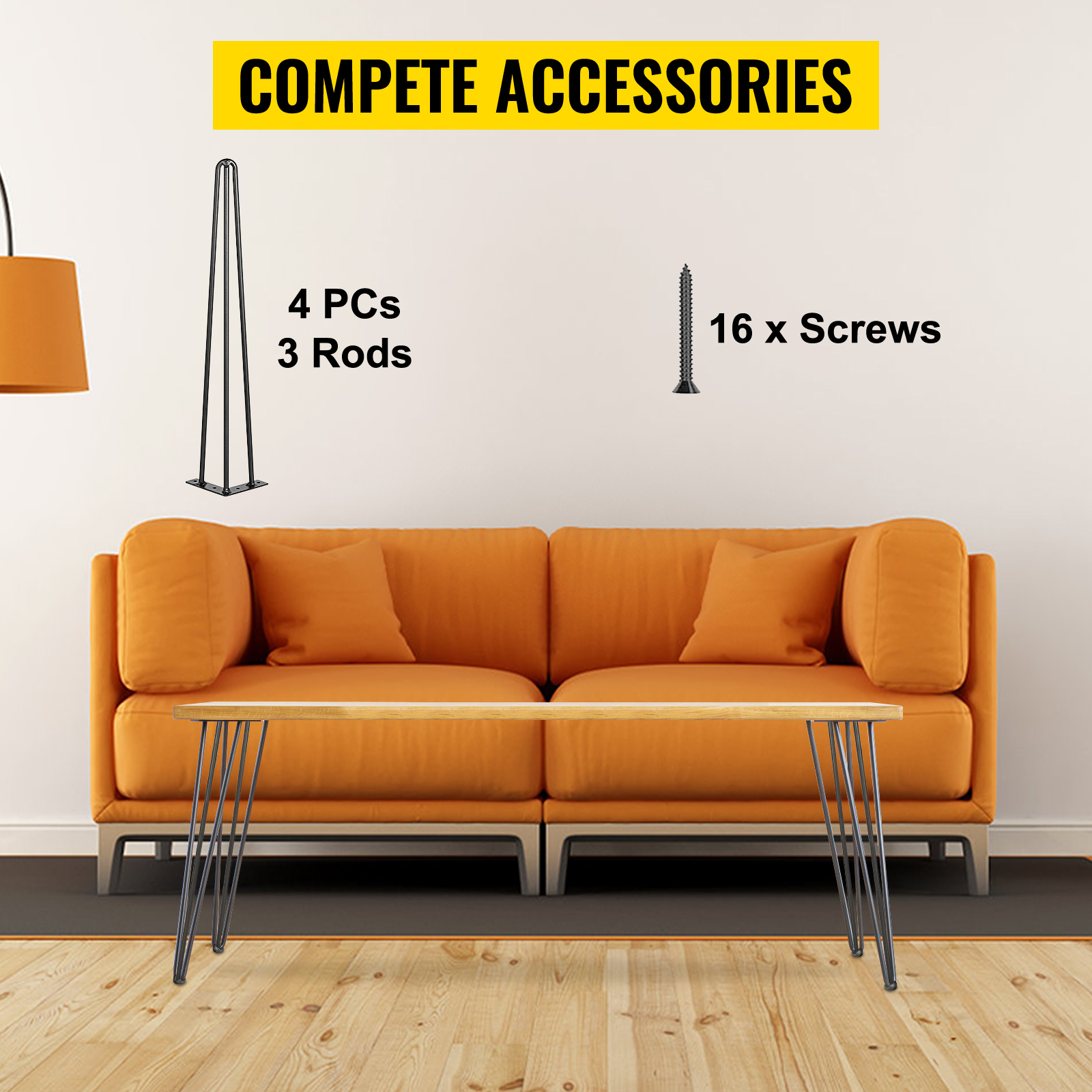VEVOR hairpin table legs shown with accessories; orange couch in background.
