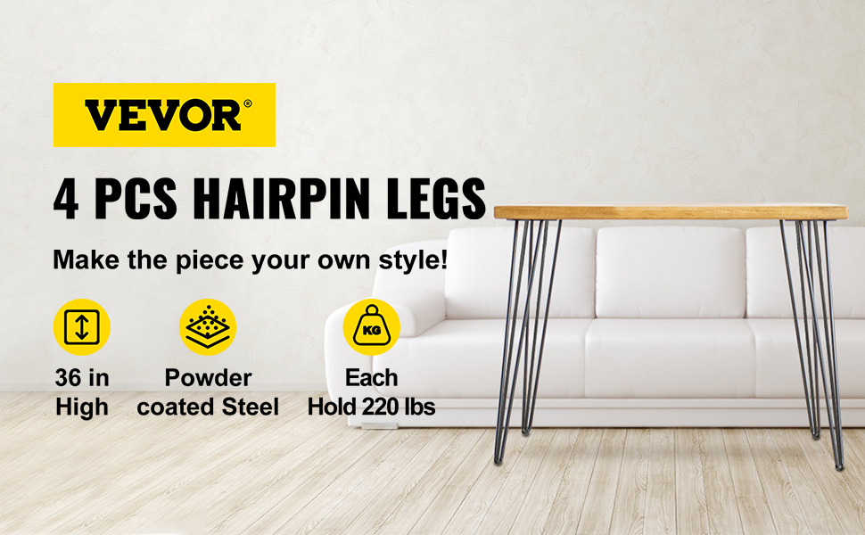 VEVOR hairpin table legs, 36" high, powder-coated steel, 220 lbs capacity, 4 pcs
