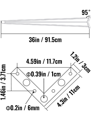 VEVOR hairpin table legs dimensions: 36in height, 4.59in bracket width, 95° angle.