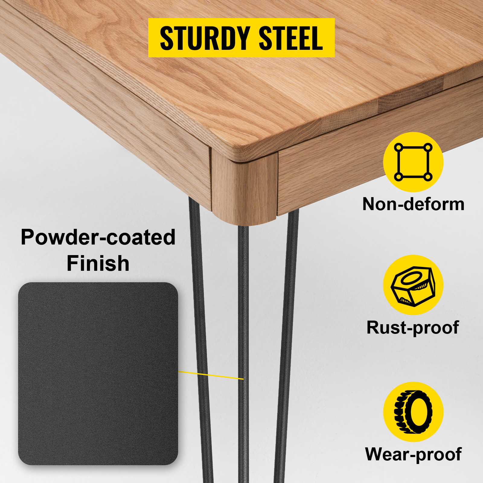 sturdy steel VEVOR hairpin table legs, non-deform, rust-proof, and wear-proof.
