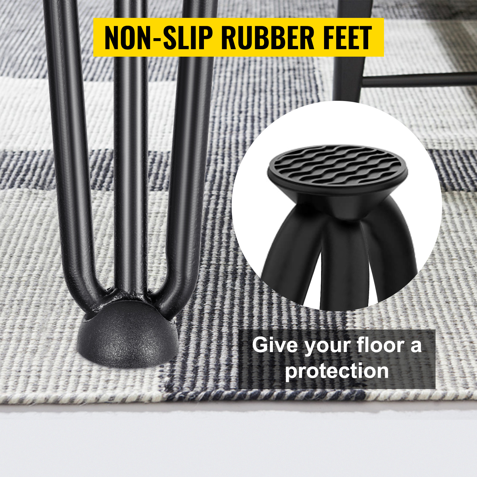 VEVOR hairpin table legs with non-slip rubber feet on striped rug.