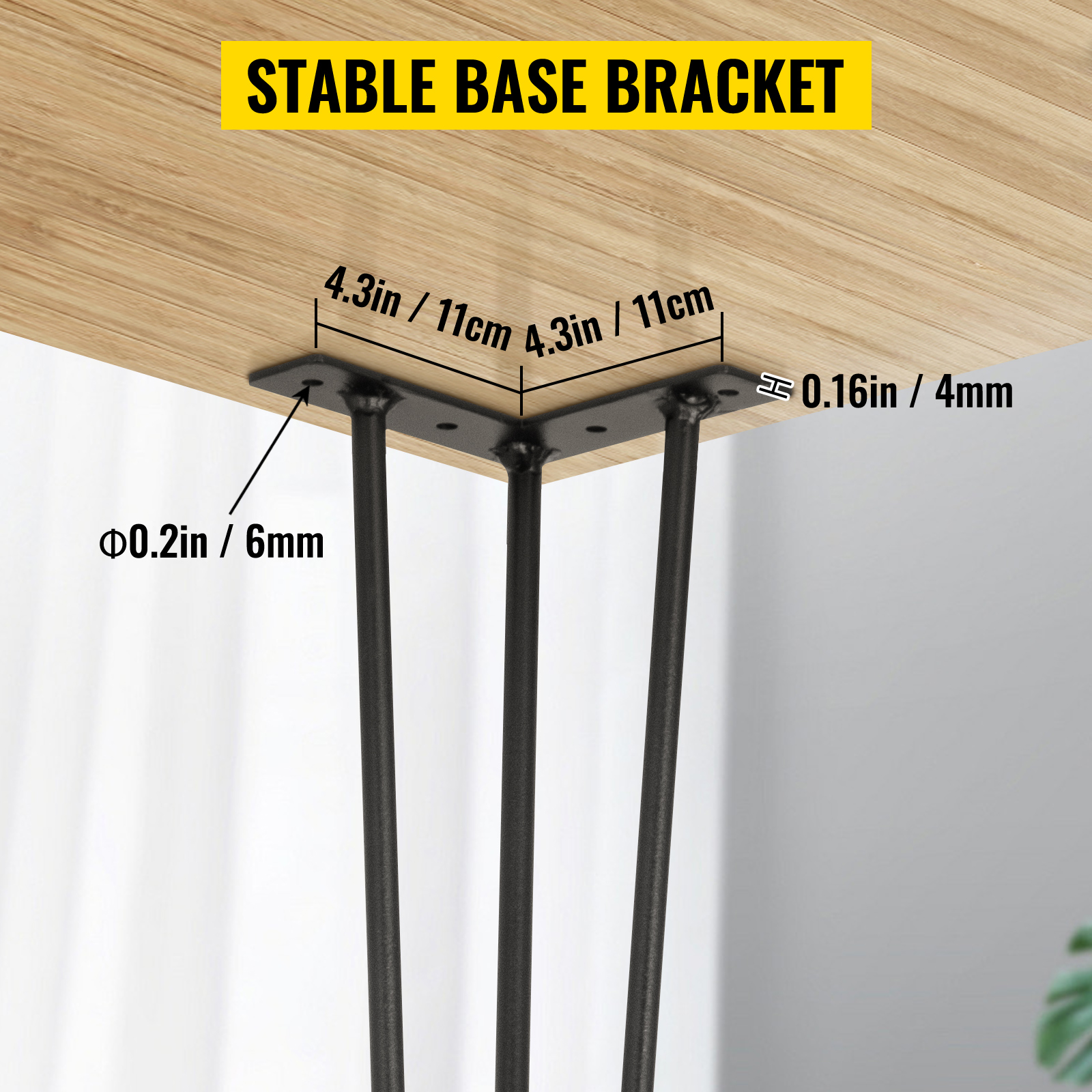 VEVOR hairpin table legs attached to a wooden table with measurements and specifications.