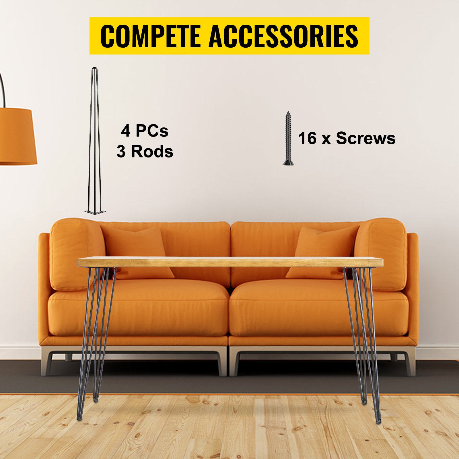 VEVOR hairpin table legs set shown with screws and orange sofa backdrop.