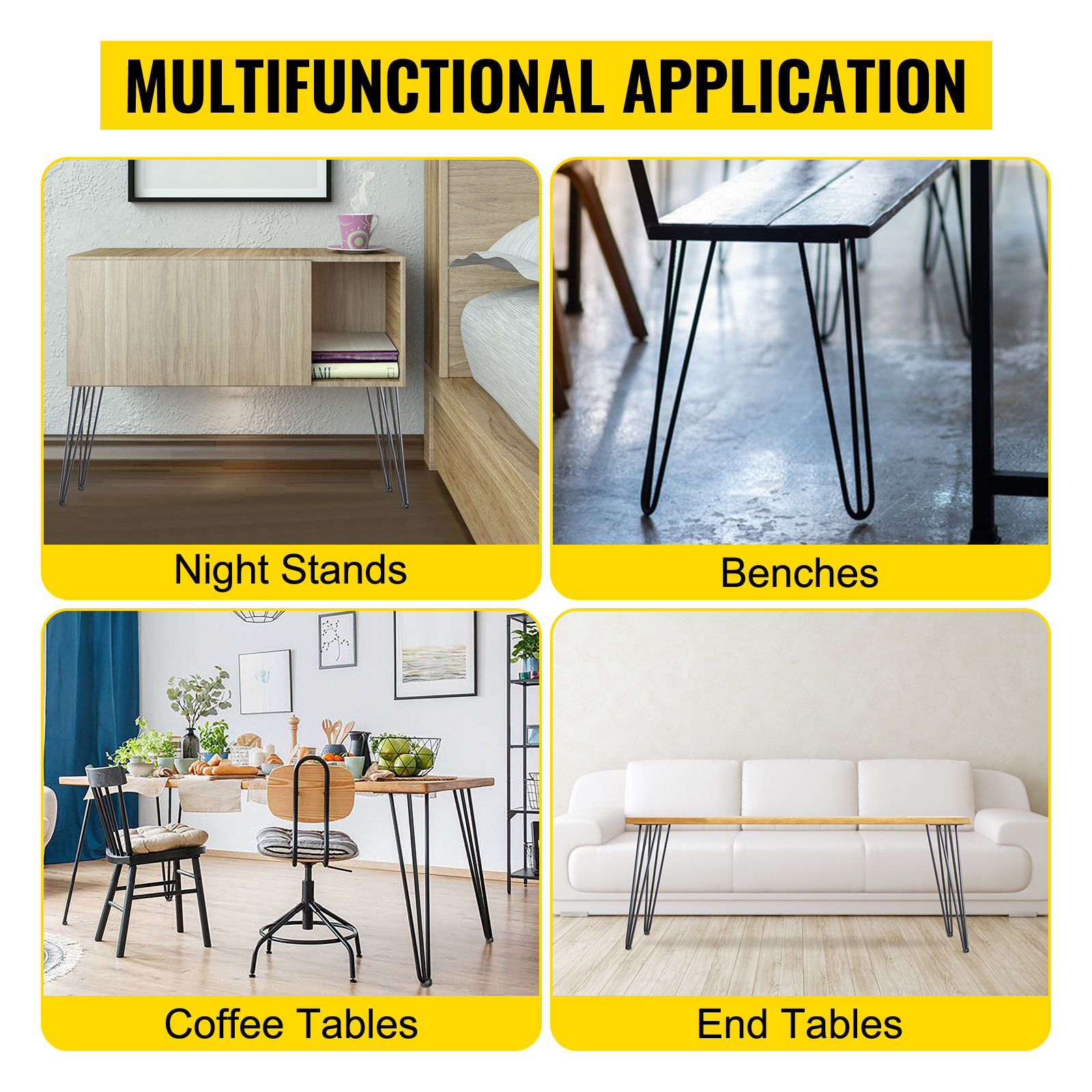 VEVOR hairpin table legs used in night stands, benches, coffee tables, and end tables.