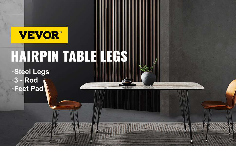 VEVOR hairpin table legs showcased on a modern dining table with two brown chairs.