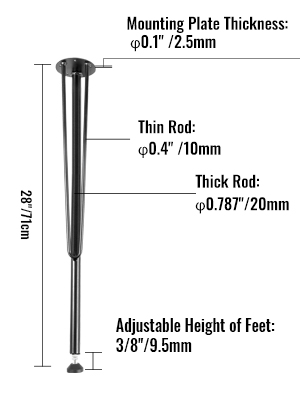 VEVOR hairpin table legs, 28"/71cm height, adjustable 3/8"/9.5mm feet.