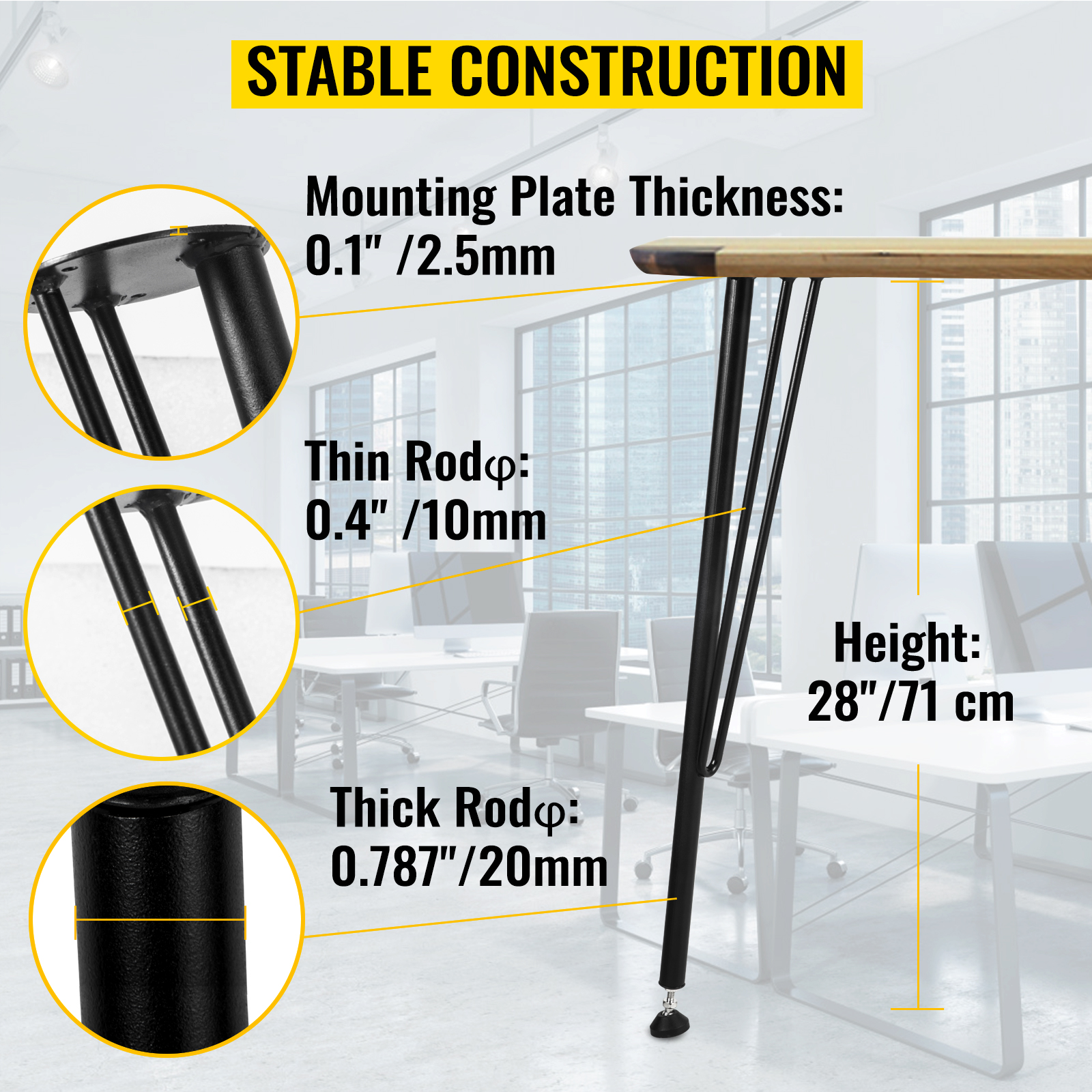 VEVOR hairpin table legs with 28" height, 0.4" and 0.787" rods, and 0.1" mounting plates.