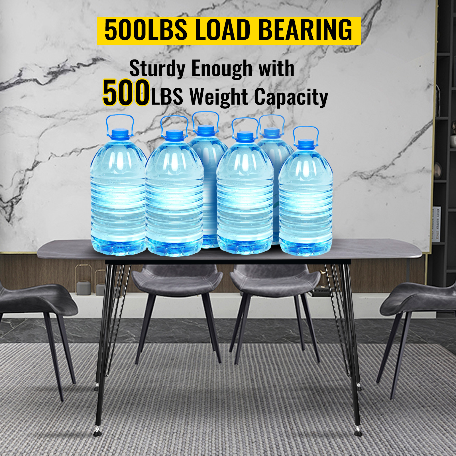 table with VEVOR hairpin table legs holding six large water jugs, showcasing 500lbs capacity.