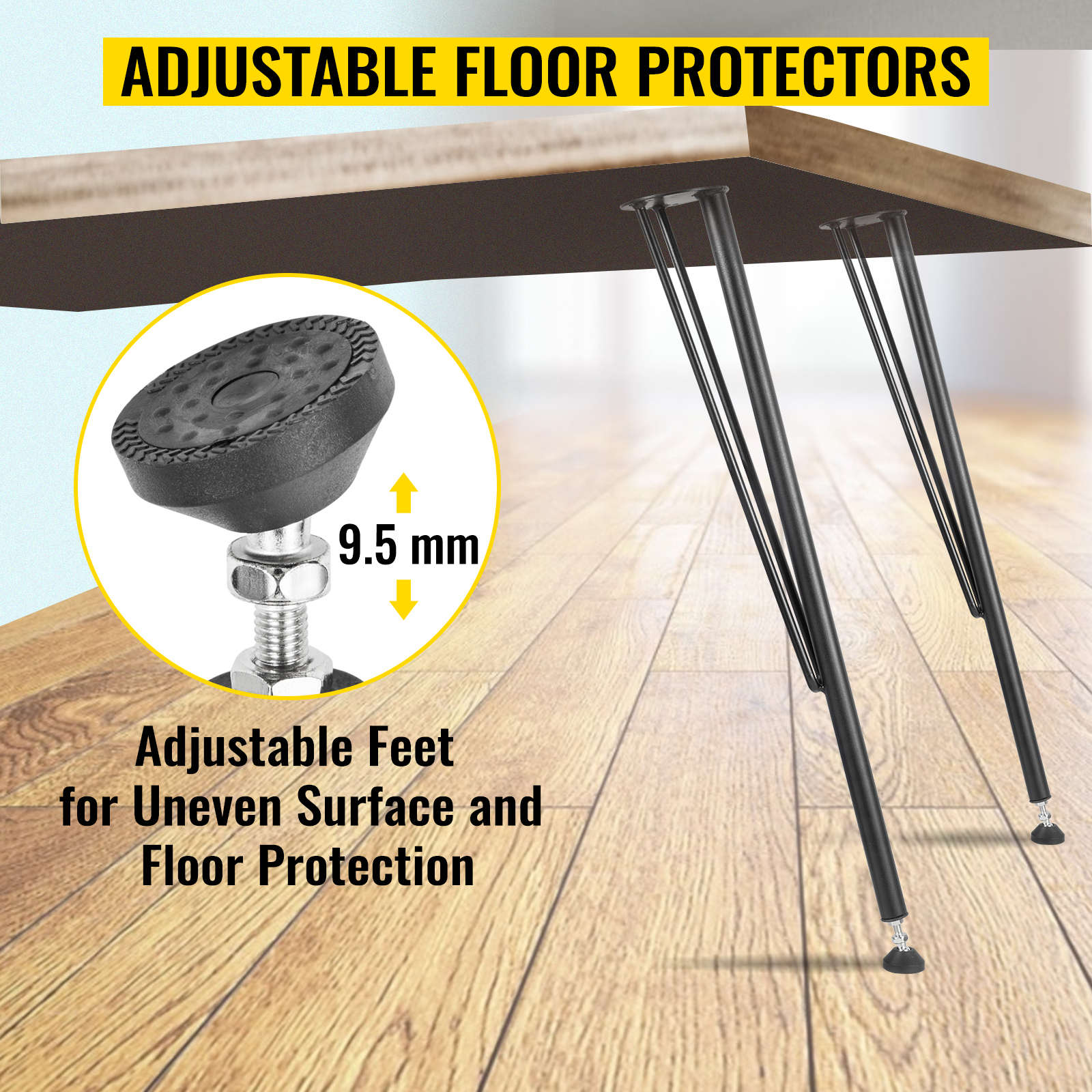 VEVOR hairpin table legs with adjustable feet for uneven surfaces and floor protection.