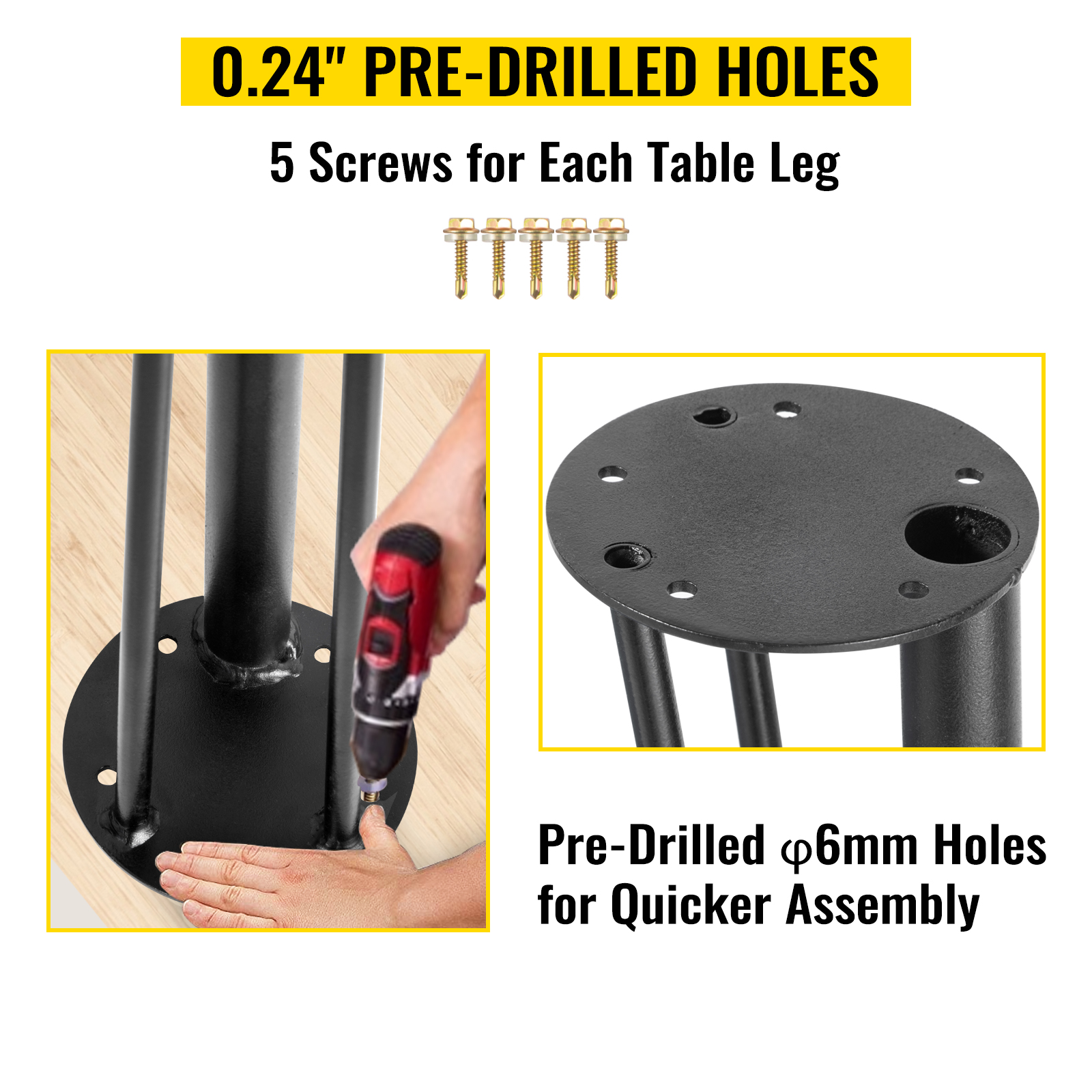 VEVOR hairpin table legs, pre-drilled holes, screws, and assembly with a drill.
