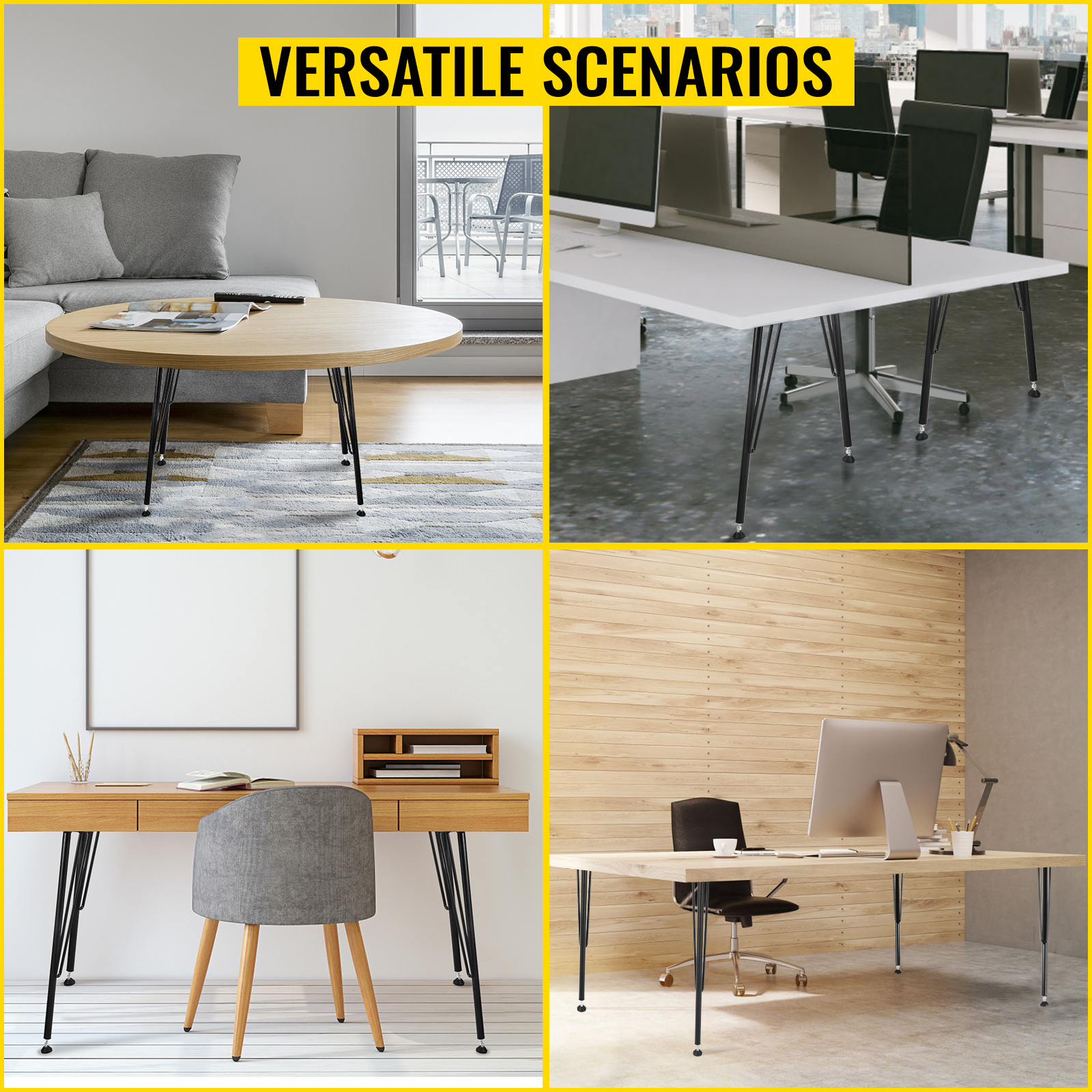VEVOR hairpin table legs in versatile settings: living room, office, workspace.