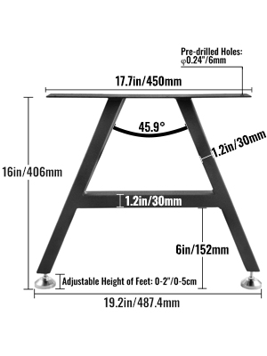 VEVOR metal table legs with dimensions and adjustable feet height.