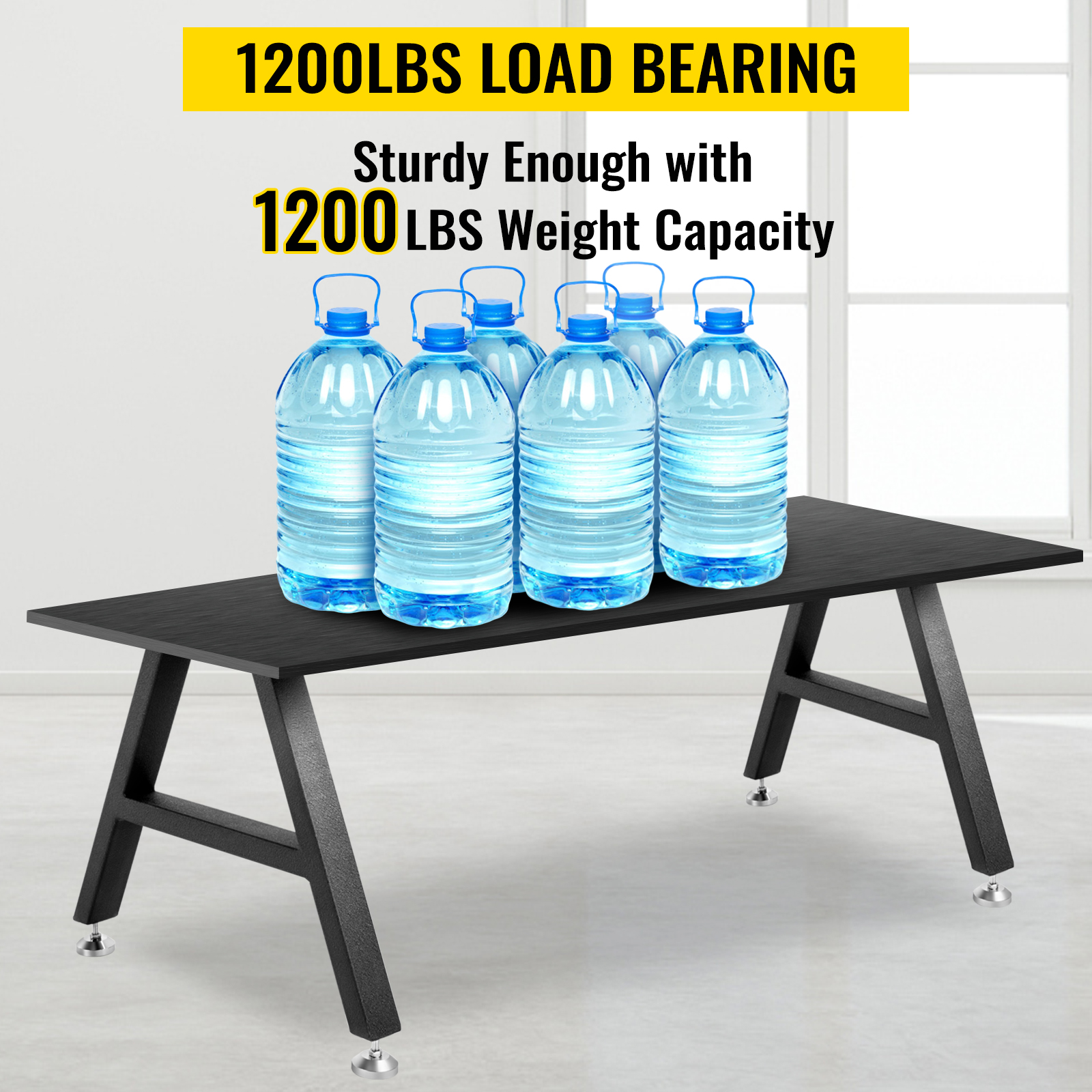 VEVOR metal table legs holding bottles, showcasing 1200lbs load bearing capacity.