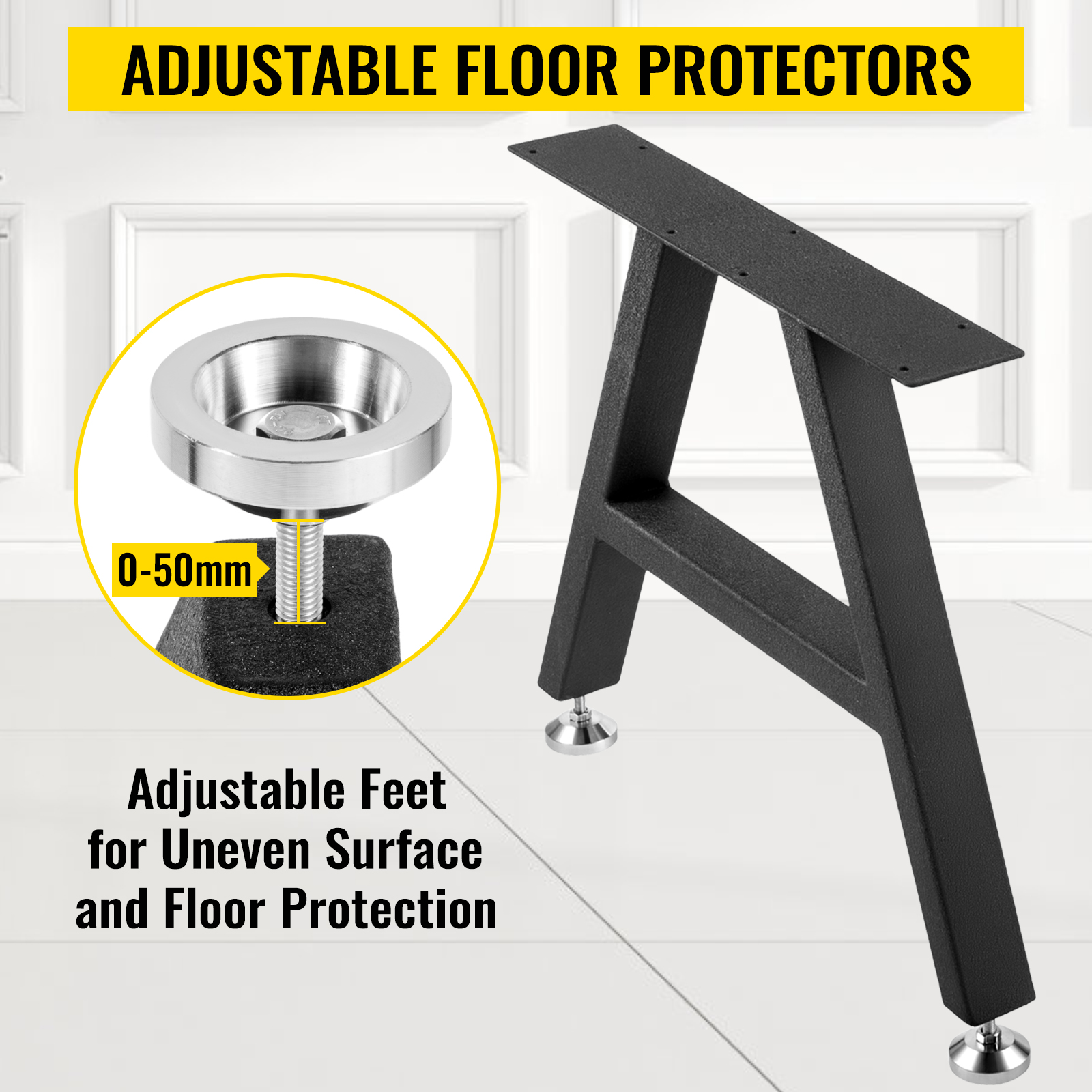 VEVOR metal table legs with adjustable floor protectors for uneven surfaces.