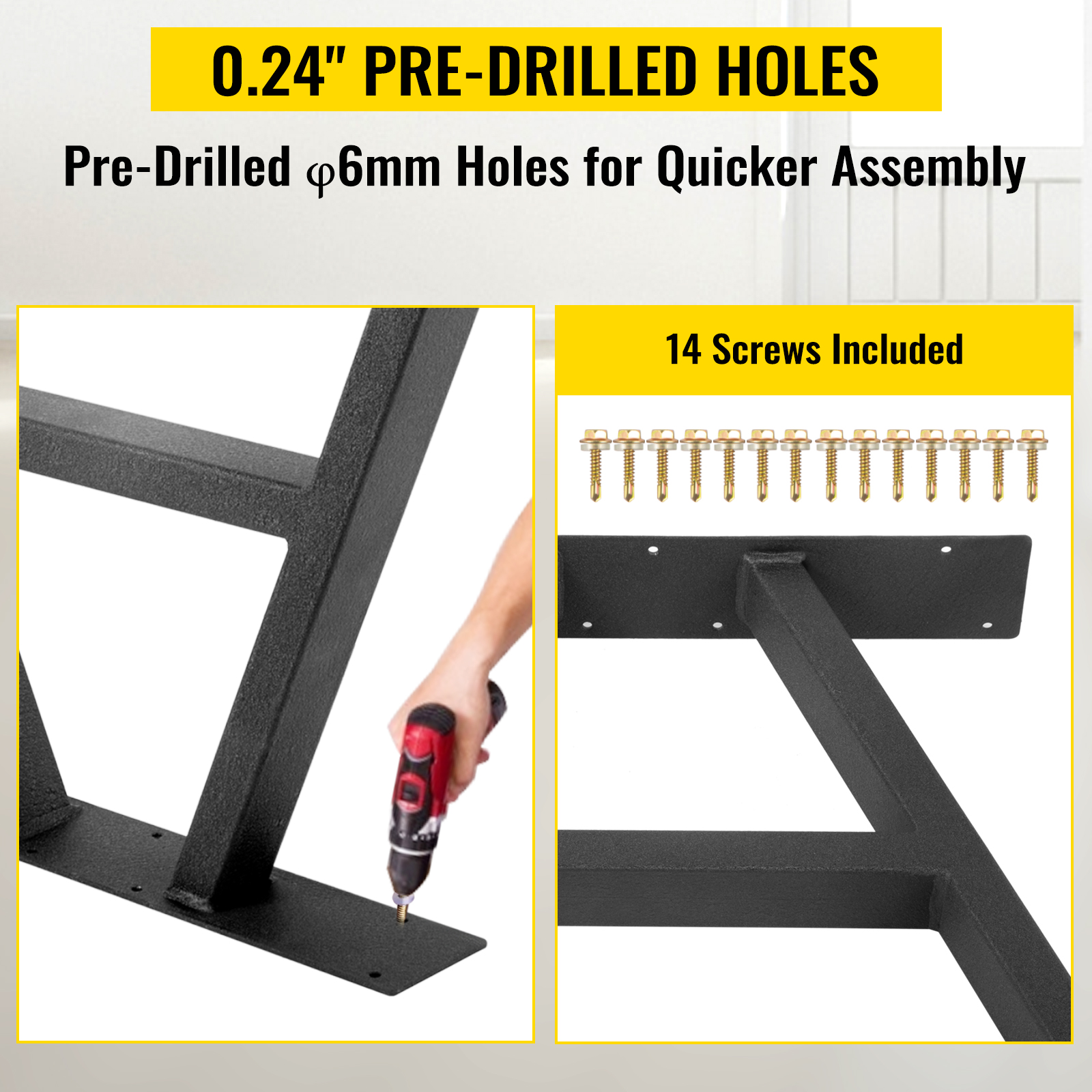 VEVOR metal table legs with pre-drilled holes and 14 screws for easy assembly.
