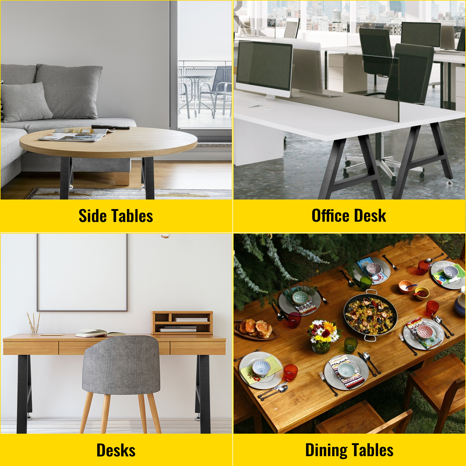 VEVOR metal table legs used in side tables, office desks, desks, and dining tables setups.