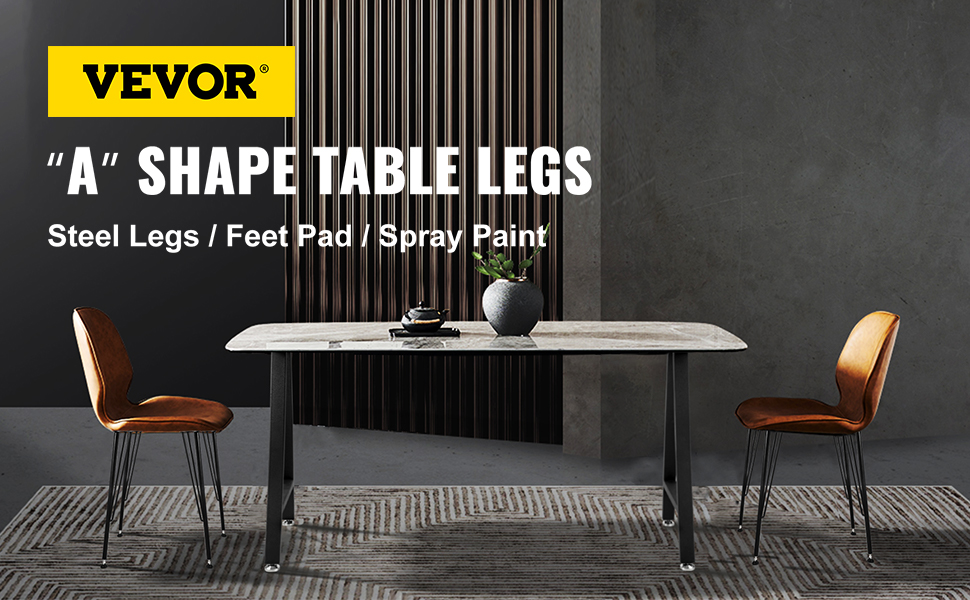 VEVOR metal table legs with "a" shape, featuring steel legs and stylish dining setup.