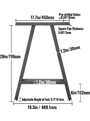 dimensions of VEVOR metal table legs: 28in height, 17.7in width, adjustable feet.