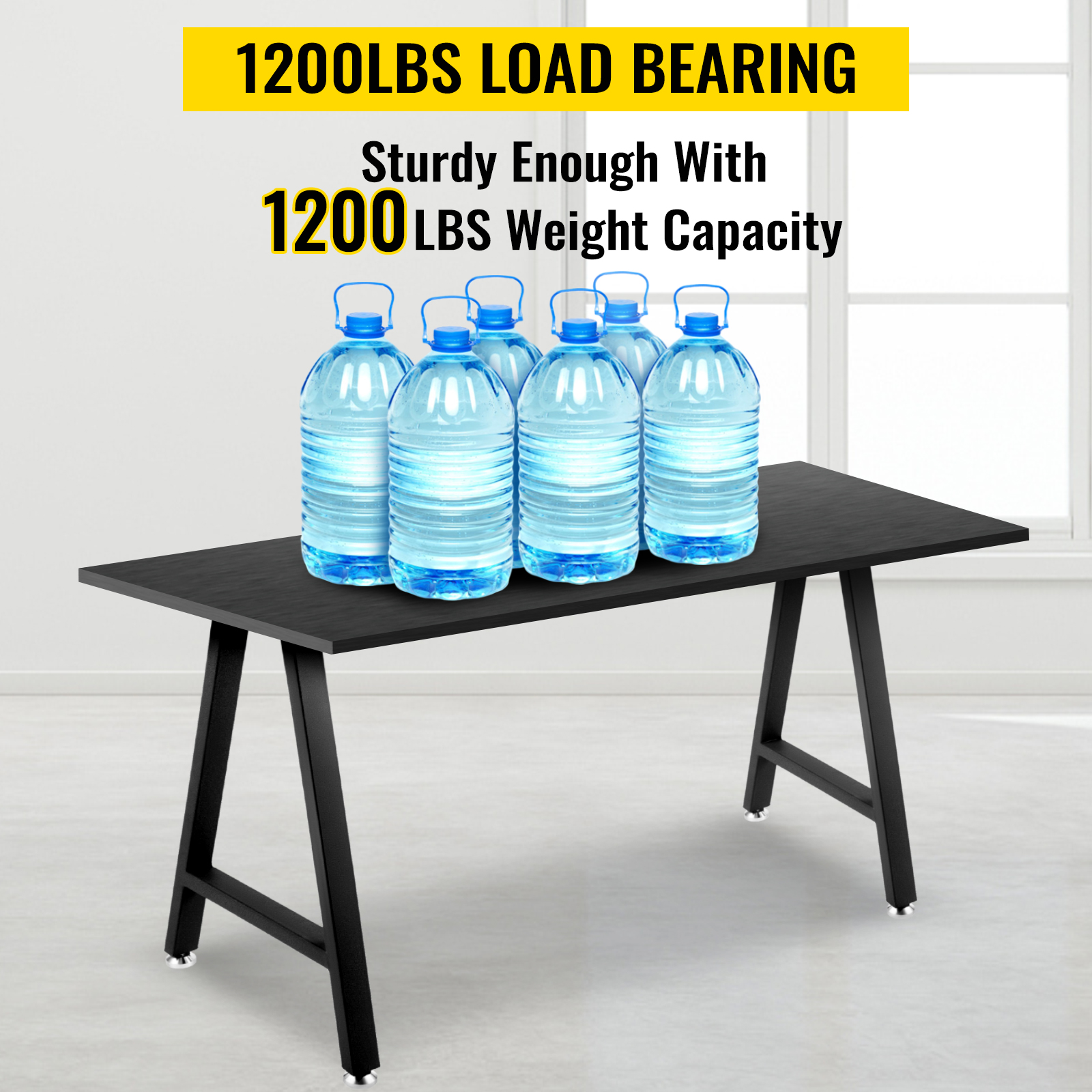 VEVOR metal table legs on a black table support six water bottles, 1200lbs weight capacity.