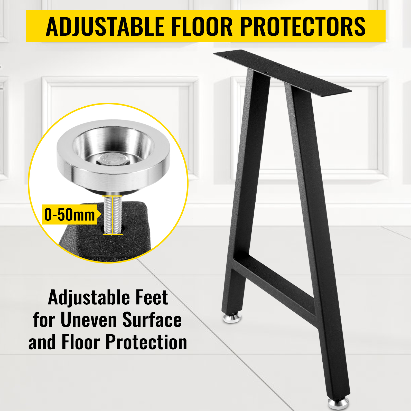 VEVOR metal table legs with adjustable floor protectors for stability and floor protection.