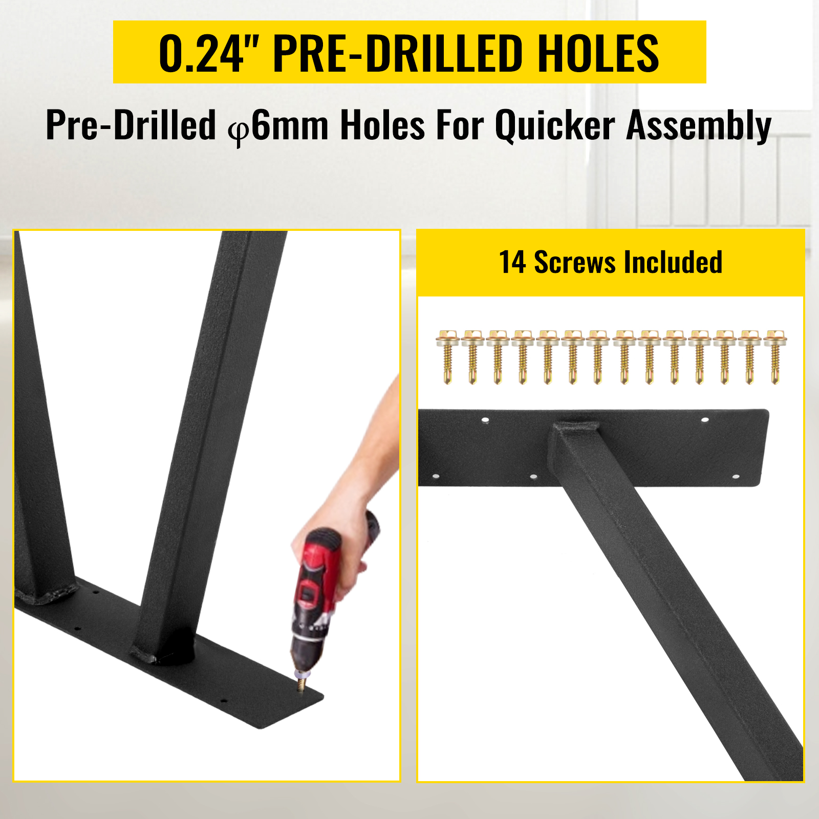 VEVOR metal table legs with pre-drilled holes and assembly screws included.