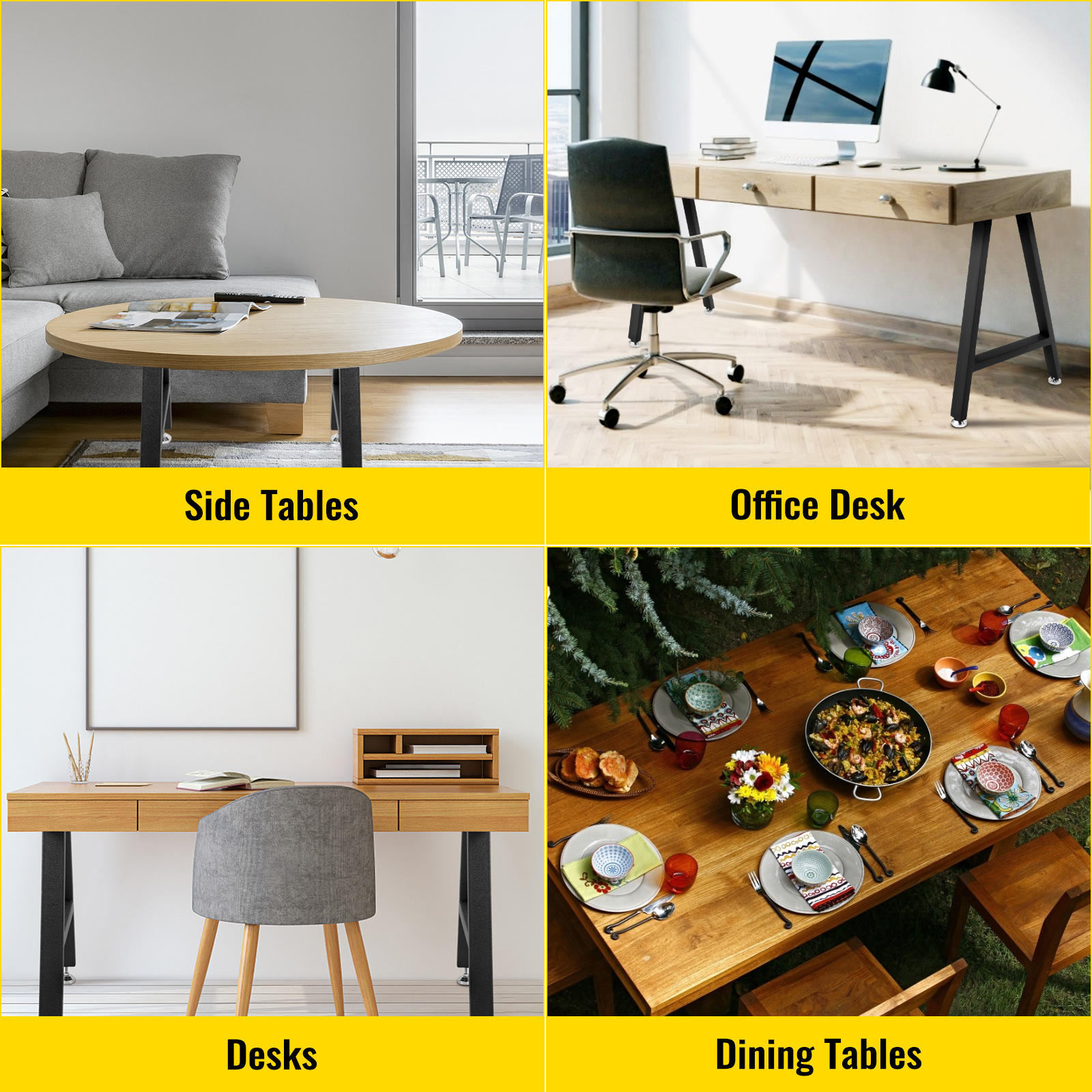 modern setups of side tables, office desks, and dining tables using VEVOR metal table legs.