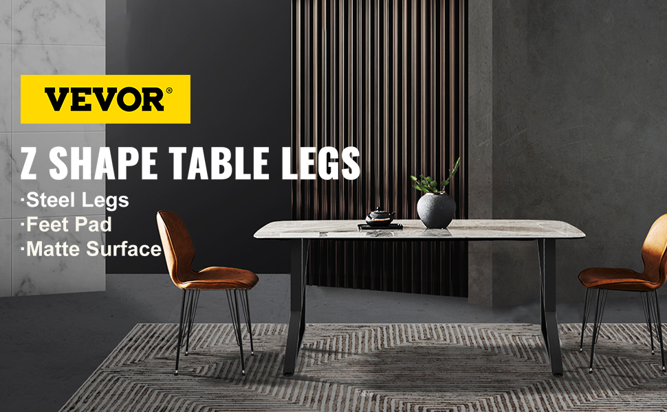 VEVOR metal table legs in modern dining room with marble table and brown chairs.