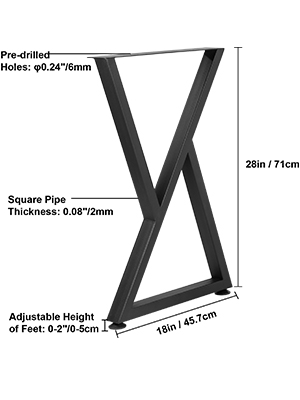 VEVOR metal table legs, x-shape, 28in height, black, with pre-drilled holes.