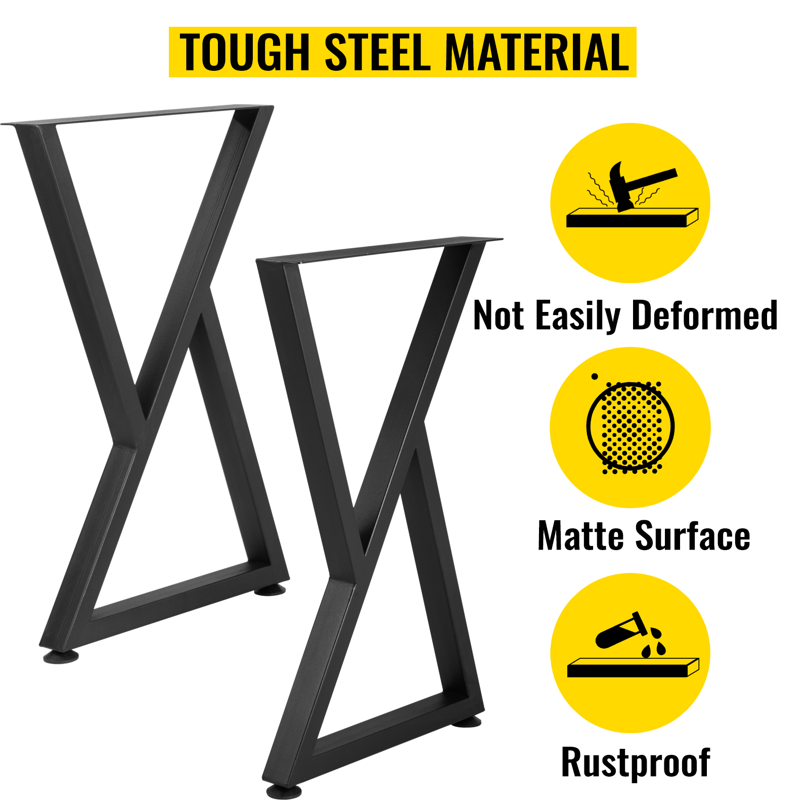 VEVOR metal table legs with matte surface, tough steel, rustproof, and not easily deformed.