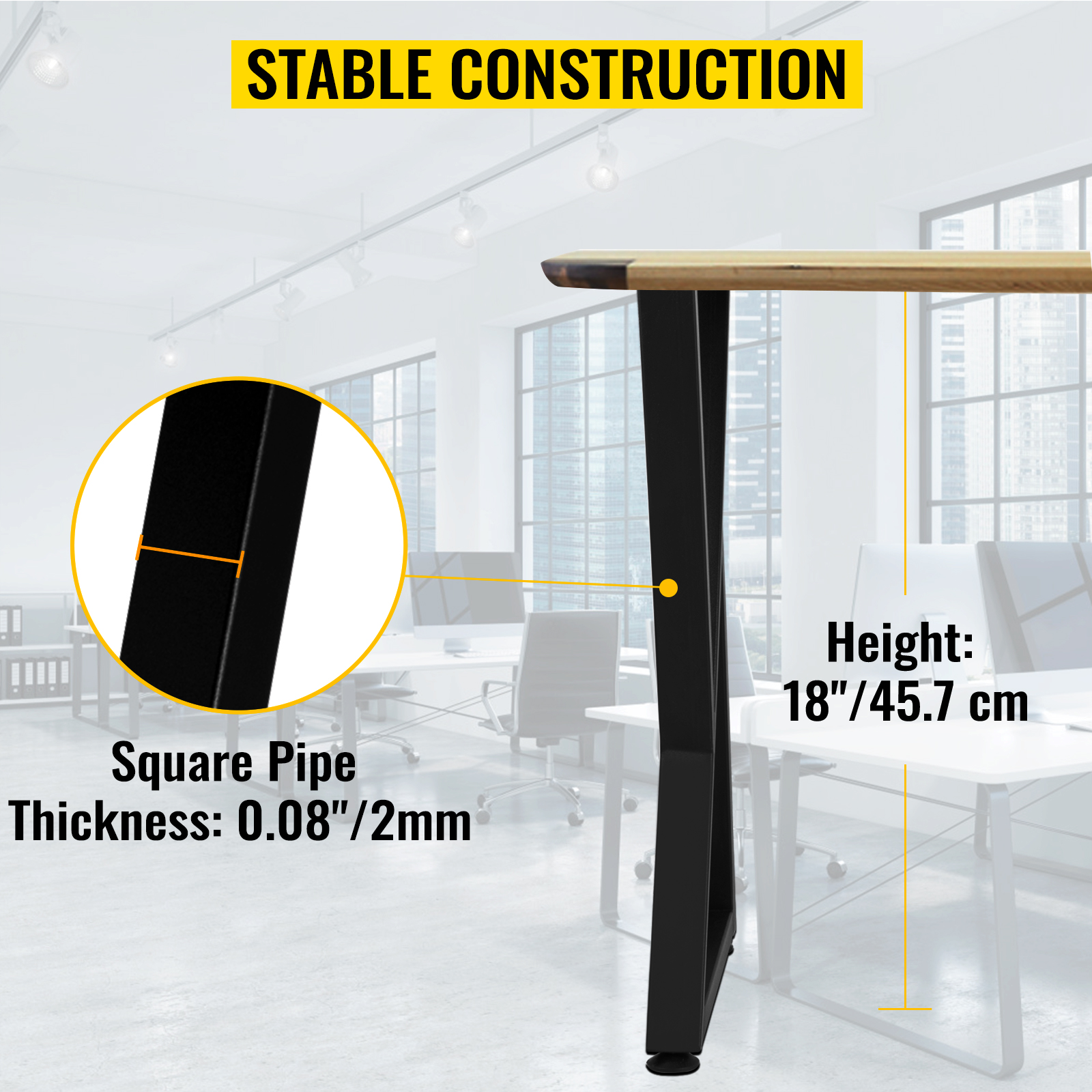 VEVOR metal table legs, 18"/45.7 cm height, 0.08"/2mm thickness, square pipe.