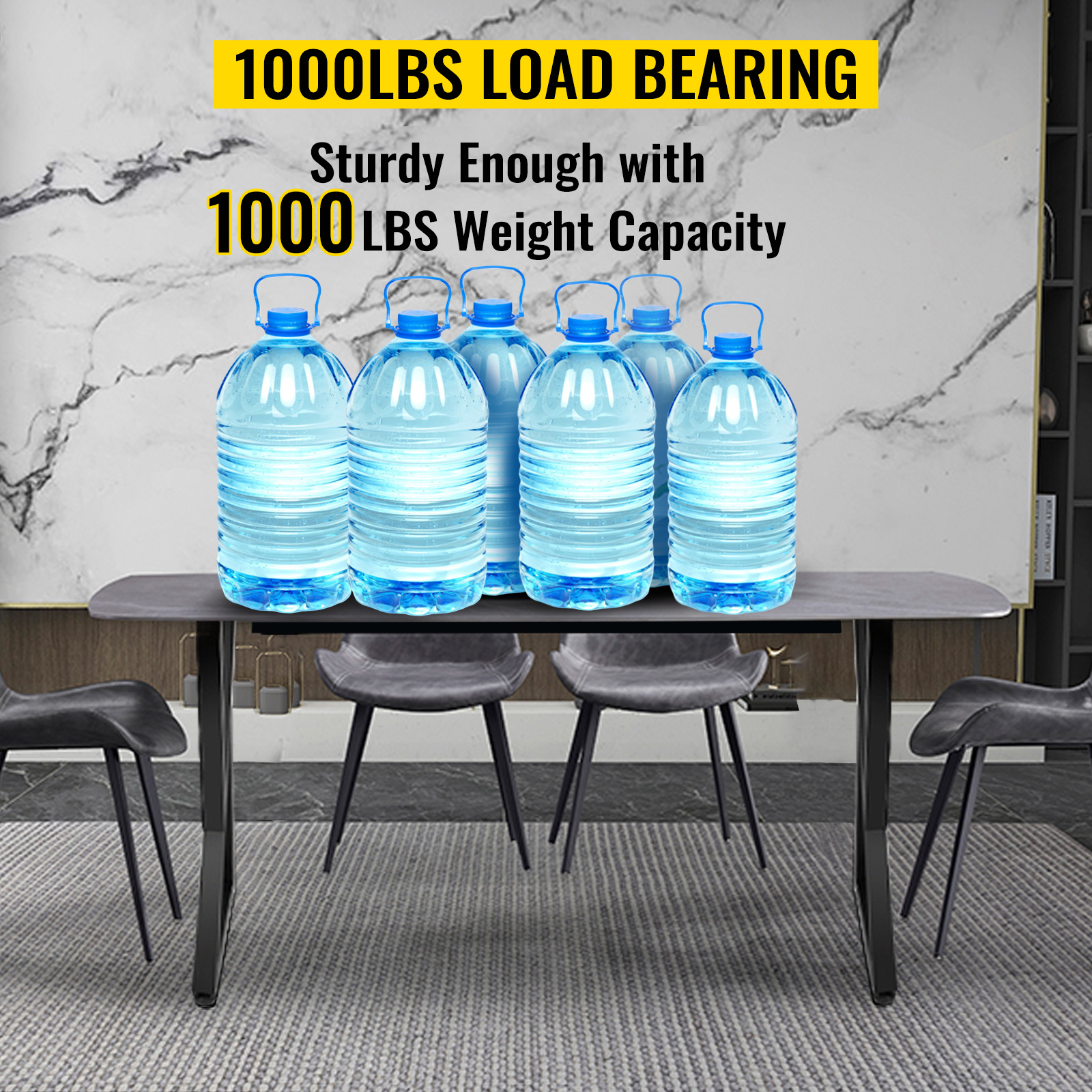VEVOR metal table legs with 1000 lbs load bearing showcased by water bottles on table.